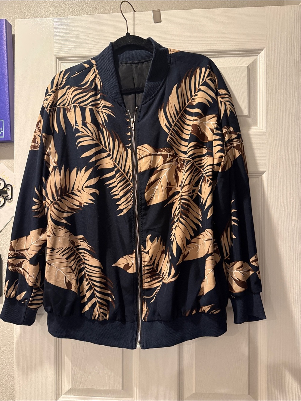 SHEIN Navy Bomber Jacket with Beige Tropical Leaf Print